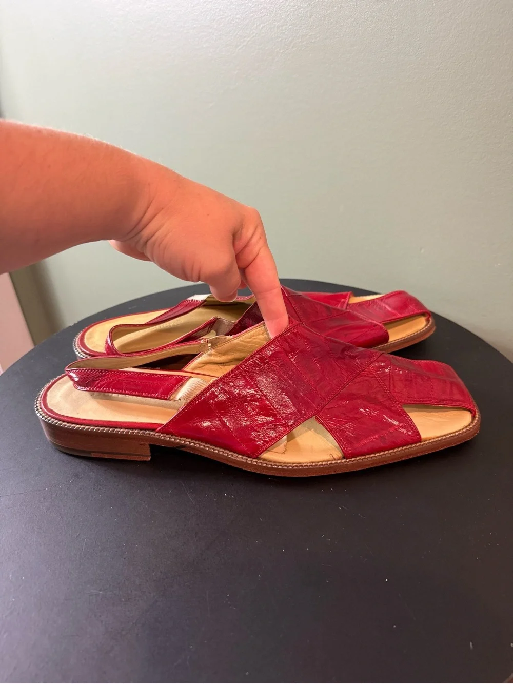 Red Leather Cross-Strap mens Slide Sandals
